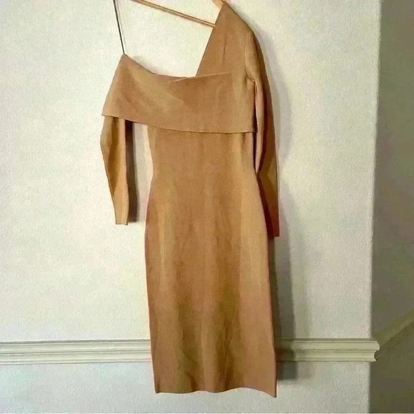 Reiss Ella Dress One Shoulder Long Sleeve BodyCon Knit Camel Midi Academia Sexy - Picture 3 of 12